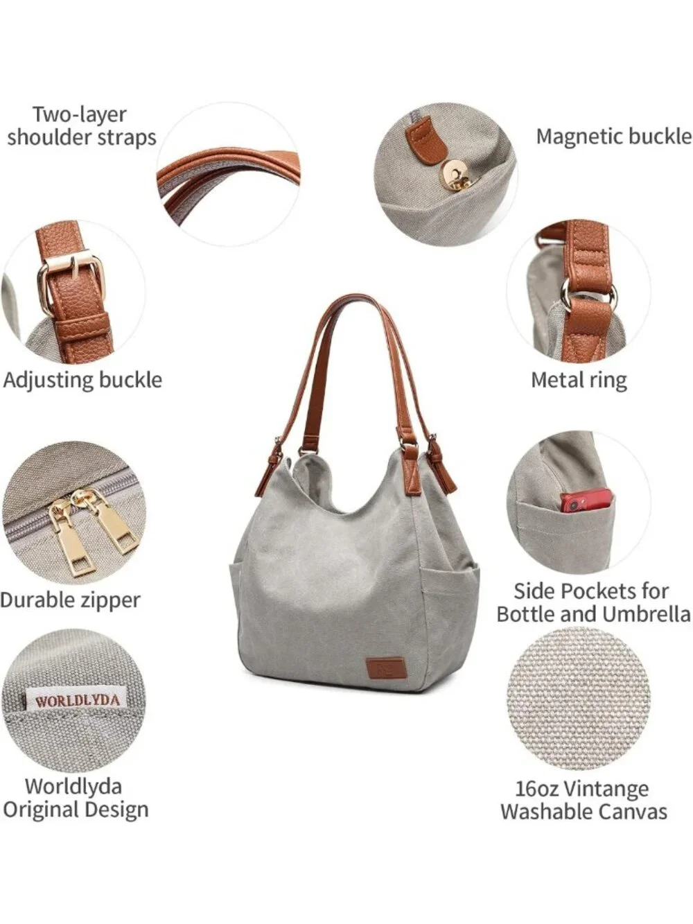 Stylish Multi-Pocket Canvas Hobo Tote Bag - Casual Embroidered Shoulder Handbag